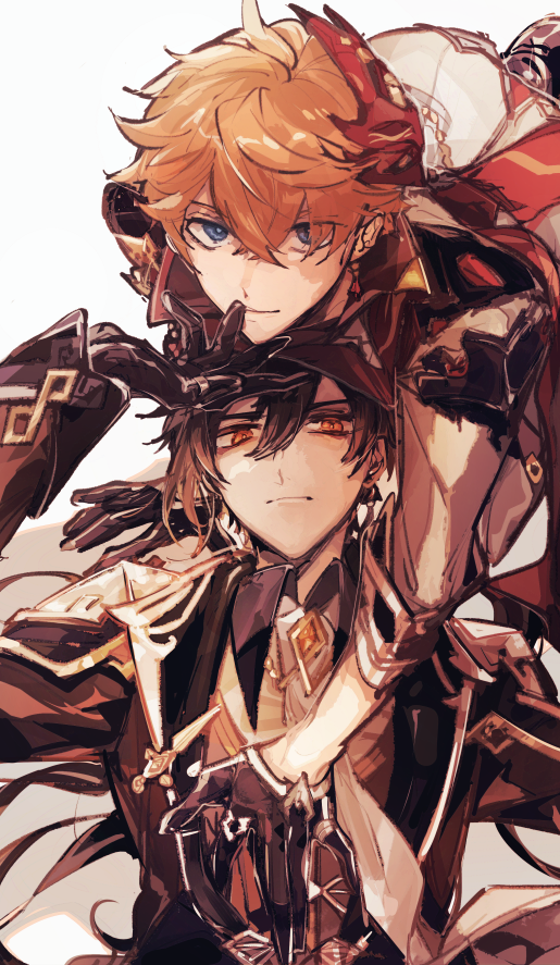 2boys, ayano_(katou), bangs, black_gloves, black_hair, blue_eyes, brown_hair, closed_mouth