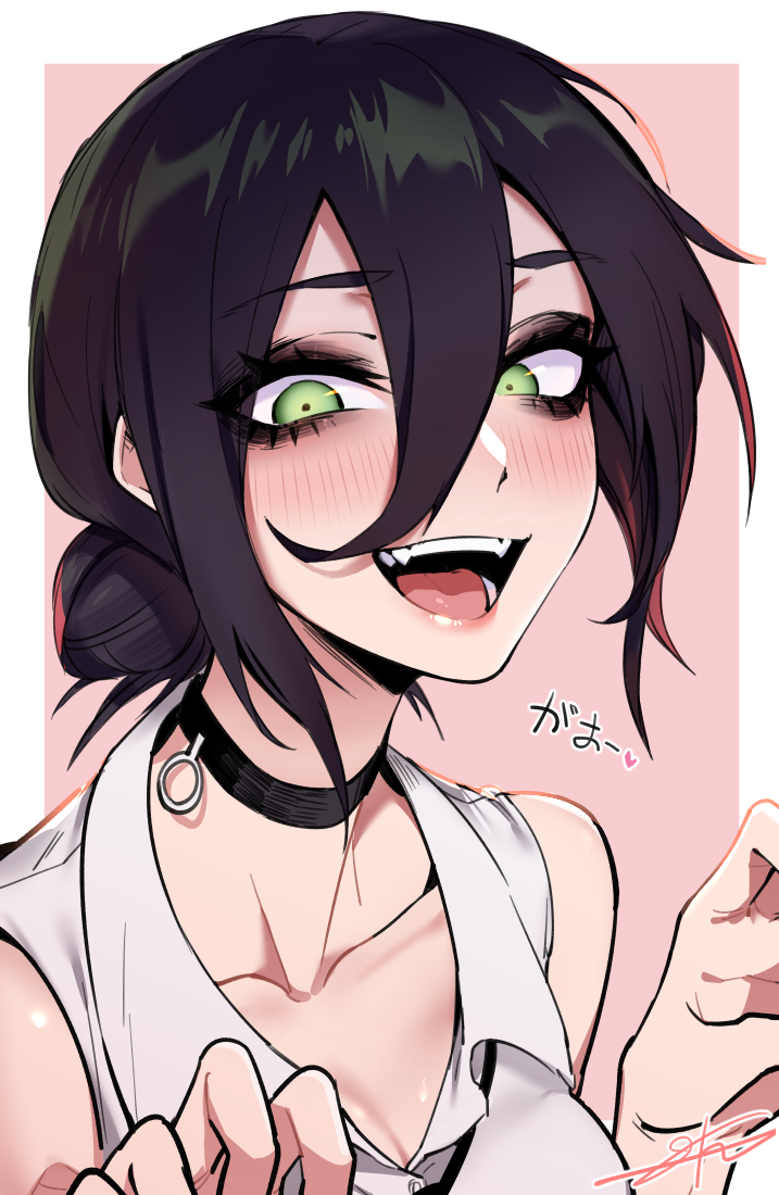 1girl, bare_shoulders, black_hair, blush, chainsaw_man, choker, eyeliner, green_eyes