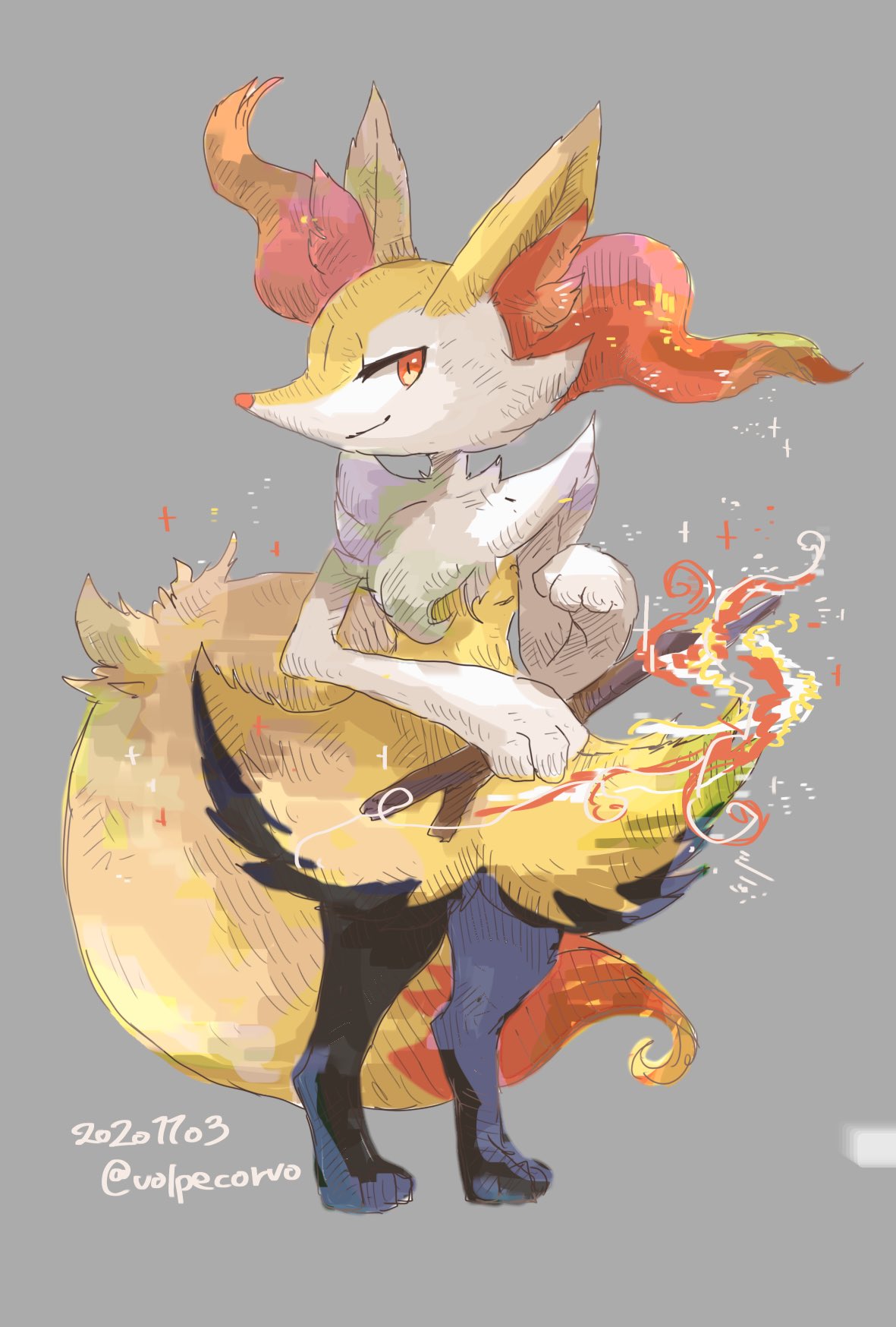 animal_ear_fluff, braixen, dated, fire, furry, gen_6_pokemon, grey_background, highres, holding, holding_wand, light_smile, looking_at_viewer, no_humans, orange_eyes, pokemon, pokemon_(creature), pokemon_(game), pokemon_xy, simple_background, sparkle, standing, twig, twitter_username, volpecorvo, wand