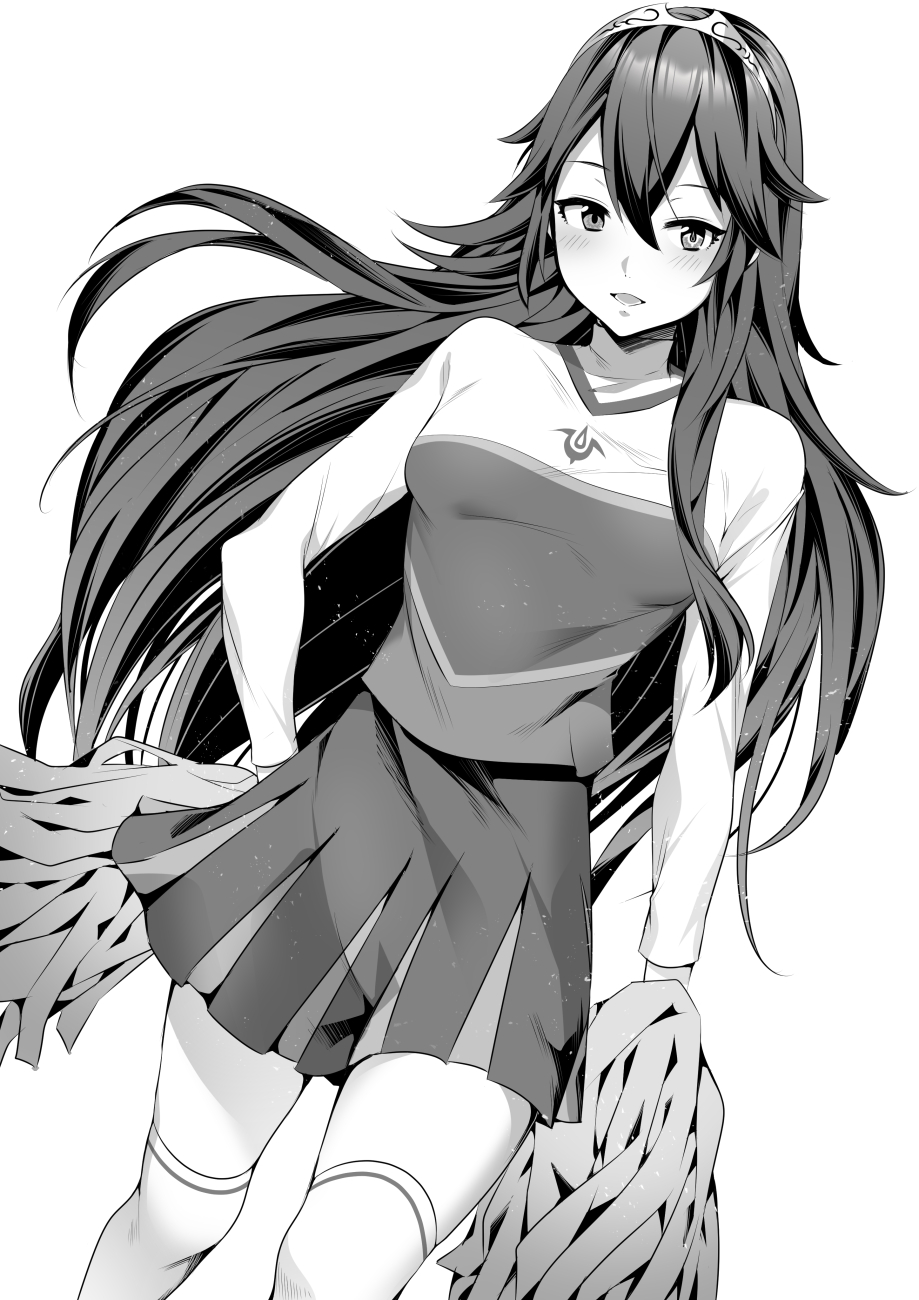 1girl, alternate_costume, ameno_(a_meno0), blush, breasts, cheerleader, fire_emblem, fire_emblem_awakening, highres, long_hair, long_sleeves, lucina_(fire_emblem), monochrome, open_mouth, pom_poms, simple_background, skirt, small_breasts, smile, solo, symbol-shaped_pupils, thigh-highs, tiara
