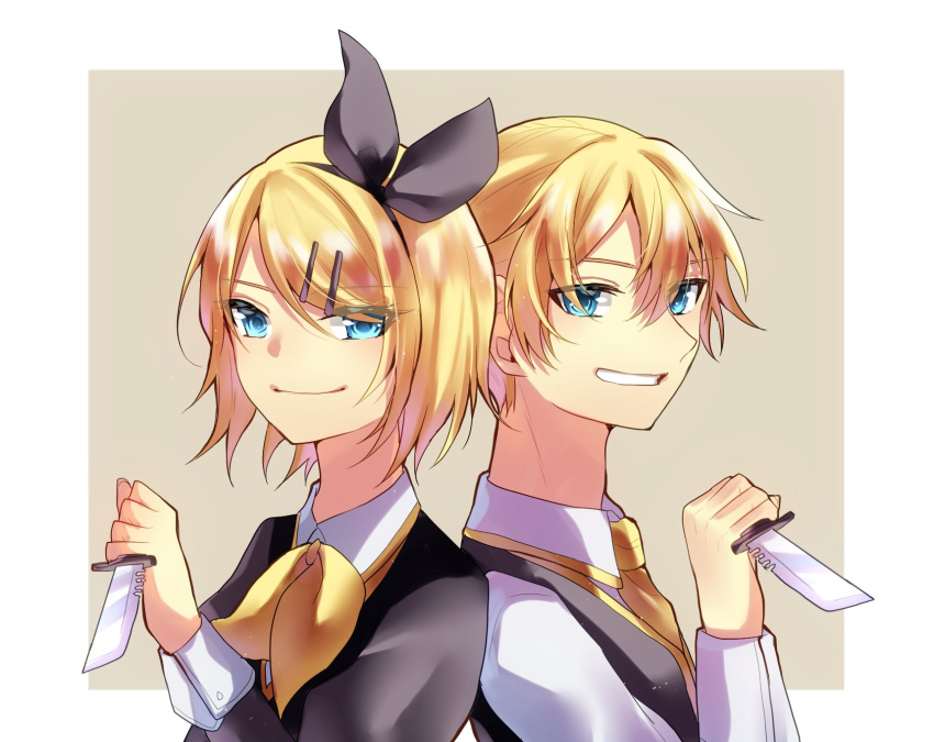 aqua_eyes, arte_(evillious_nendaiki), aryuma772, ascot, black_bow, bow, brother_and_sister, evillious_nendaiki, grin, hair_bow, hair_ornament, hairclip, highres, holding, holding_knife, knife, necktie, pollo_(evillious_nendaiki), shirt, short_hair, siblings, sleeveless_blazer, smile, twins, vocaloid, yellow_neckwear