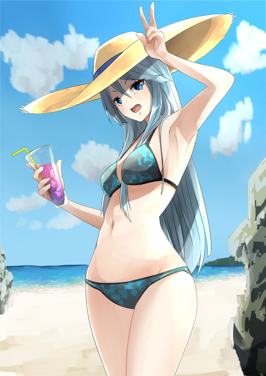 1girl, arm_up, armpits, bangs, beach, bikini, blue_bikini, blue_eyes