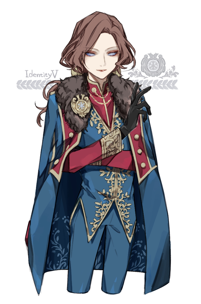 1boy, alternate_hair_color, black_gloves, blue_eyes, brooch, brown_hair, coat, coat_on_shoulders, copyright_name, eyebrows_visible_through_hair, eyeshadow, fur-trimmed_coat, fur_trim, gloves, highres, identity_v, jewelry, joseph_desaulniers, kouri_(kyorosuukeeeeeee), lipstick, long_sleeves, low_ponytail, makeup, male_focus, official_alternate_costume, ponytail, red_eyeshadow, red_lipstick, simple_background, smile, solo, white_background