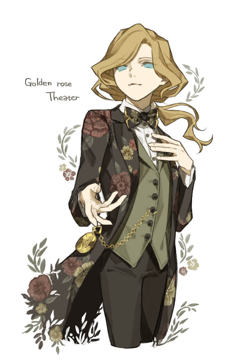 1boy, alternate_hair_color, black_neckwear, blue_eyes, brown_hair, coattails, collared_shirt, english_text