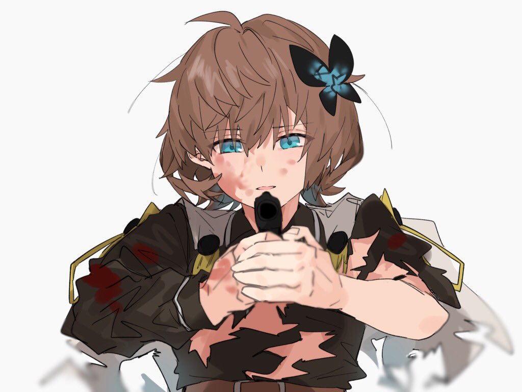 1girl, aogisa, belt, blood, blood_on_face, blue_eyes, brown_hair, brown_shirt