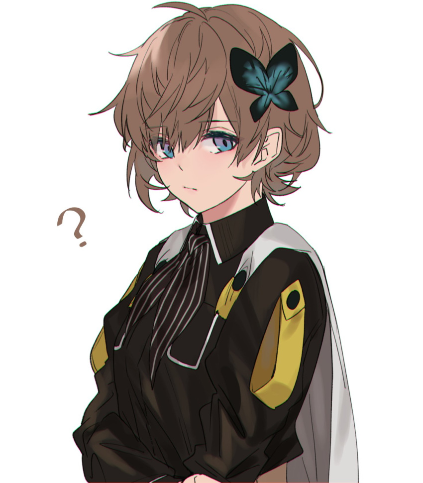 1girl, ?, aogisa, black_neckwear, black_shirt, blue_eyes, brown_hair, butterfly_hair_ornament, closed_mouth, crossed_arms, eyebrows_visible_through_hair, girls_frontline, hair_ornament, highres, hp-35_(girls_frontline), looking_at_viewer, medium_hair, necktie, shirt, solo, white_background