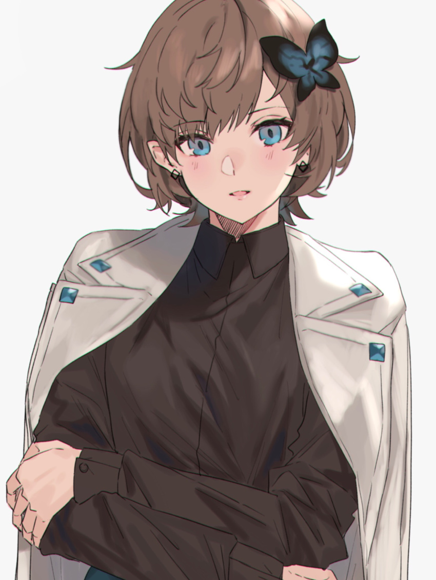 1girl, aogisa, blue_eyes, brown_hair, brown_shirt, butterfly_hair_ornament, coat, coat_on_shoulders
