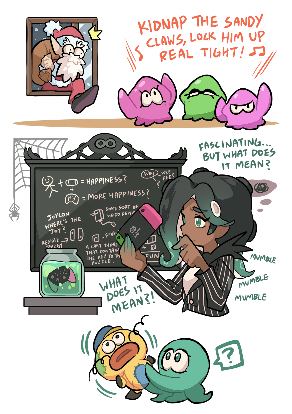 1boy, 1girl, ?, aori_(splatoon), beamed_eighth_notes, black_hair, black_jacket, chalkboard