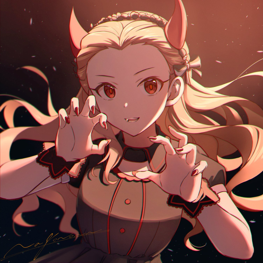 1girl, artist_name, black_dress, black_nails, black_ribbon, brown_hair, claw_pose, collared_shirt
