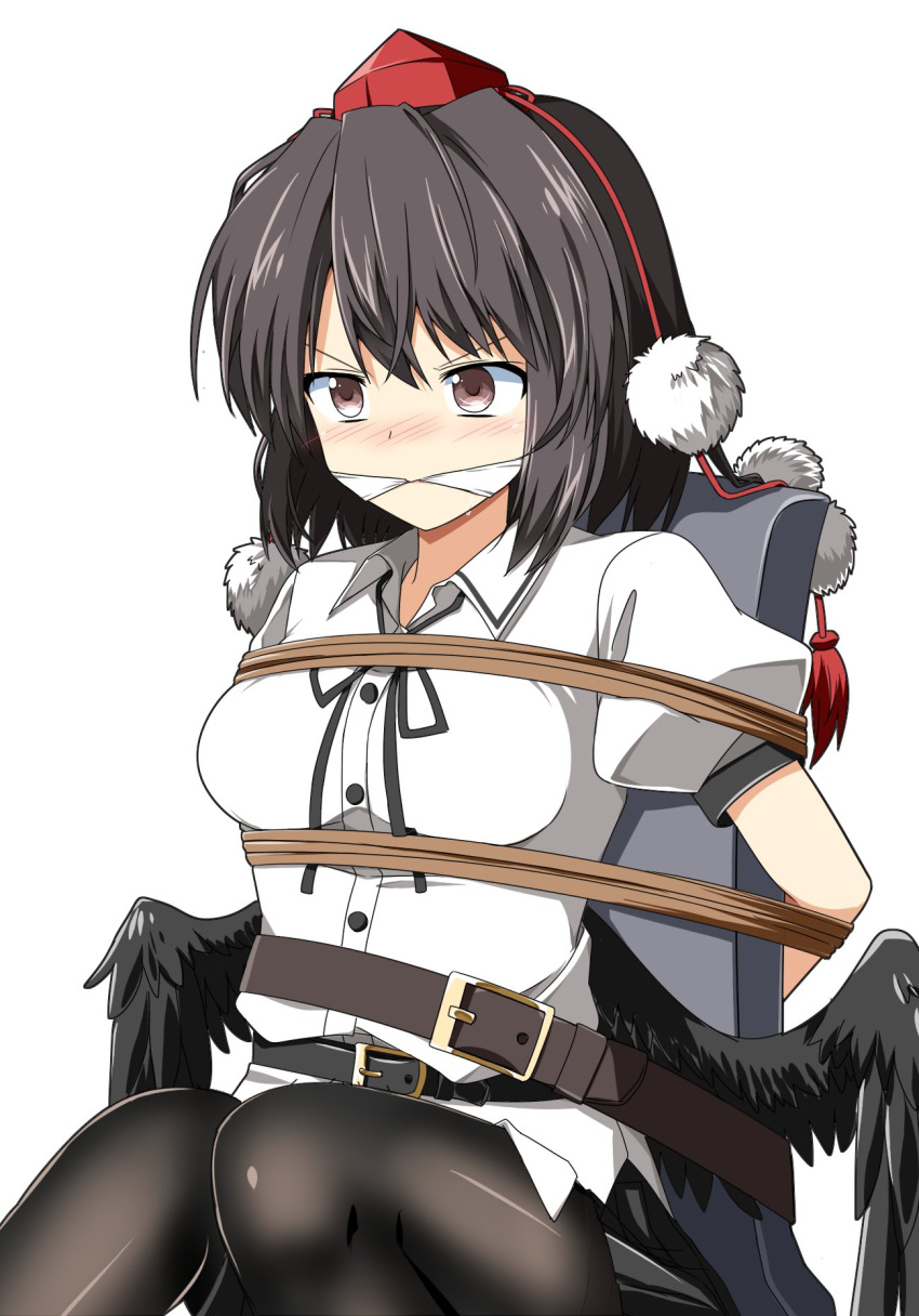 1girl, belt, black_hair, black_legwear, blush, bound, breasts, brown_eyes