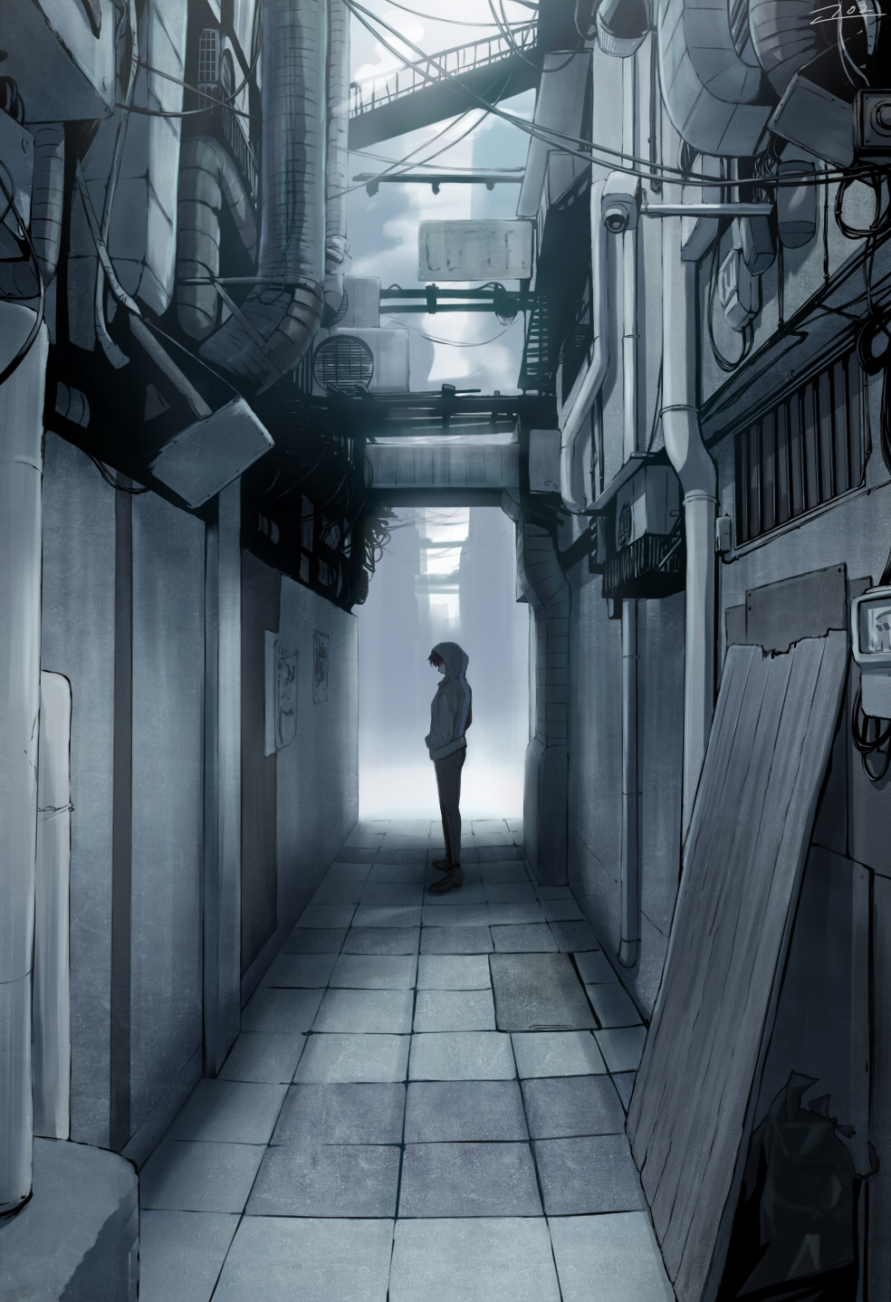 1other, air_conditioner, alley, ambiguous_gender, black_hair, bridge, camera, city