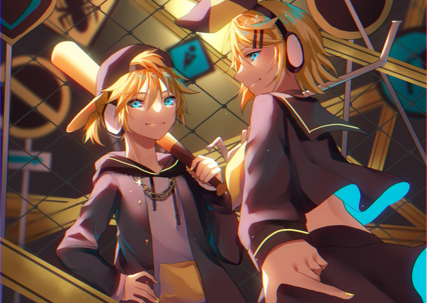 1boy, 1girl, aryuma772, backwards_hat, baseball_bat, baseball_cap, blonde_hair, blue_eyes
