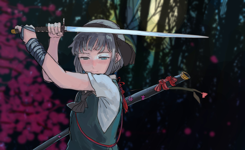 1girl, 3735geriragouki, arms_up, ascot, black_hairband, black_neckwear, black_ribbon, blurry