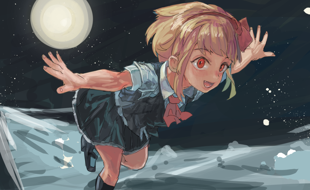1girl, 3735geriragouki, :d, ascot, bangs, black_footwear, black_skirt, black_vest, blonde_hair, collared_shirt, commentary_request, full_moon, hair_ribbon, hairband, leaning_forward, mary_janes, moon, night, night_sky, open_mouth, outstretched_arms, pleated_skirt, red_eyes, red_hairband, red_neckwear, red_ribbon, ribbon, rumia, running, shirt, shoes, short_hair, sidelocks, skirt, sky, smile, solo, star_(sky), starry_sky, touhou, vest, white_shirt