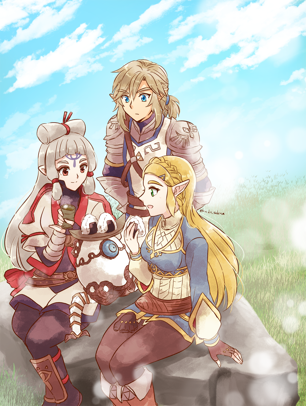 1boy, 1other, 2girls, blonde_hair, blue_eyes, brown_eyes, green_eyes, guardian_(breath_of_the_wild)