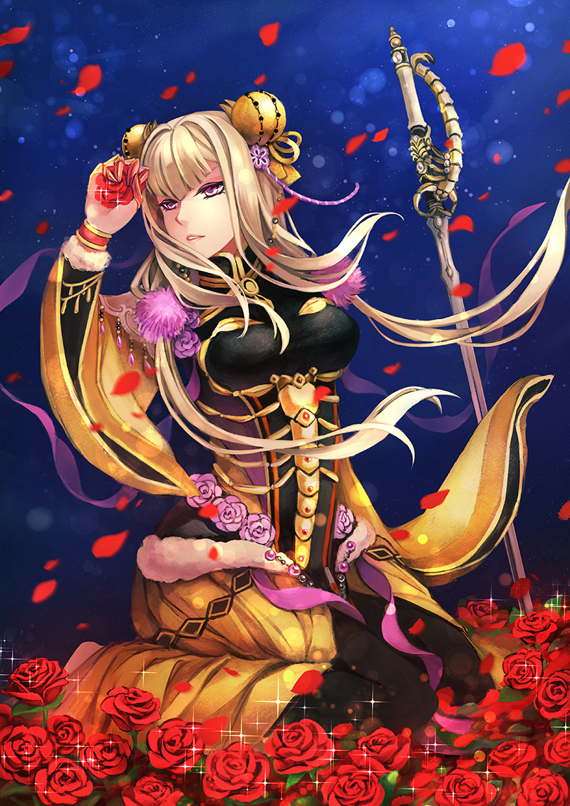 1girl, bangs, blonde_hair, blunt_bangs, chinese_clothes, double_bun, flower, hair_ornament