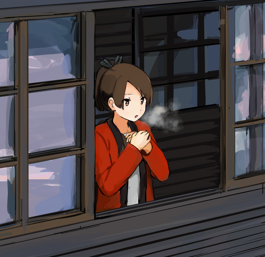 1girl, absurdres, bangs, black_hairband, breath, brown_eyes, brown_hair, cold