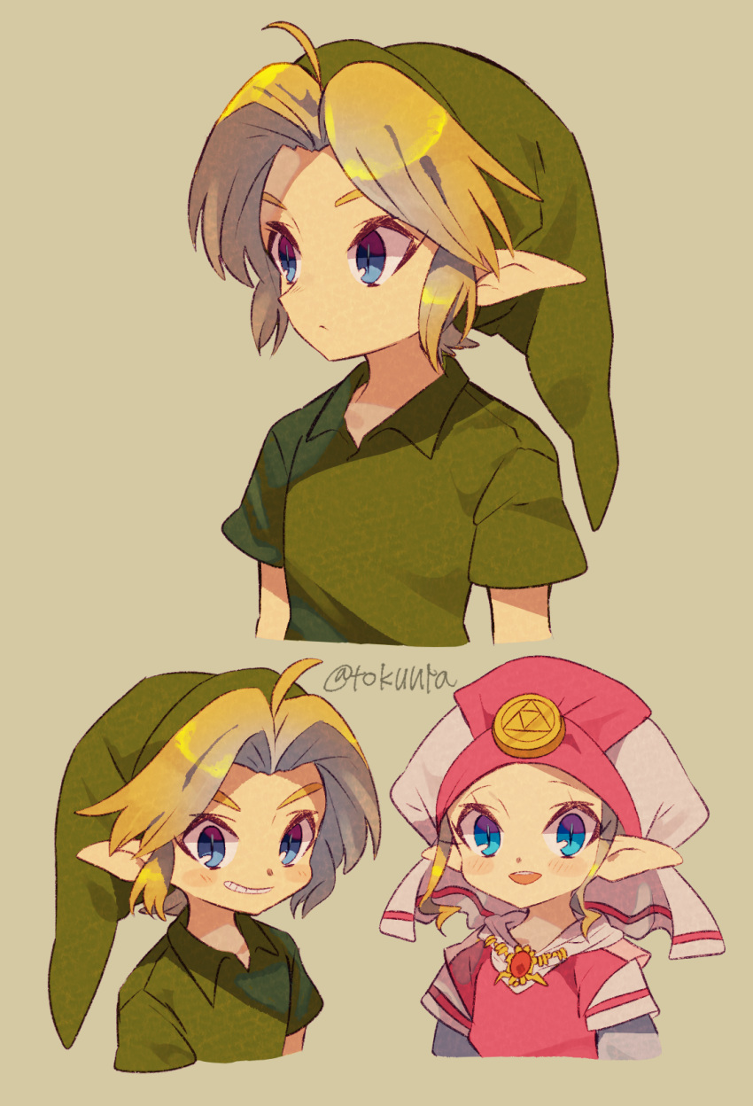 1boy, 1girl, ahoge, artist_name, blonde_hair, blue_eyes, closed_mouth, collared_shirt