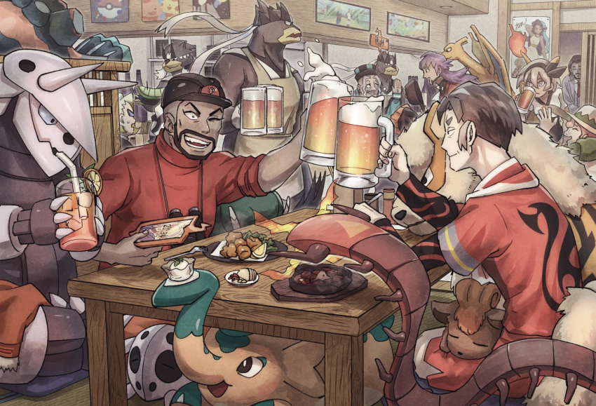 1girl, 6+boys, aggron, alcohol, apron, arcanine, aron, bea_(pokemon)