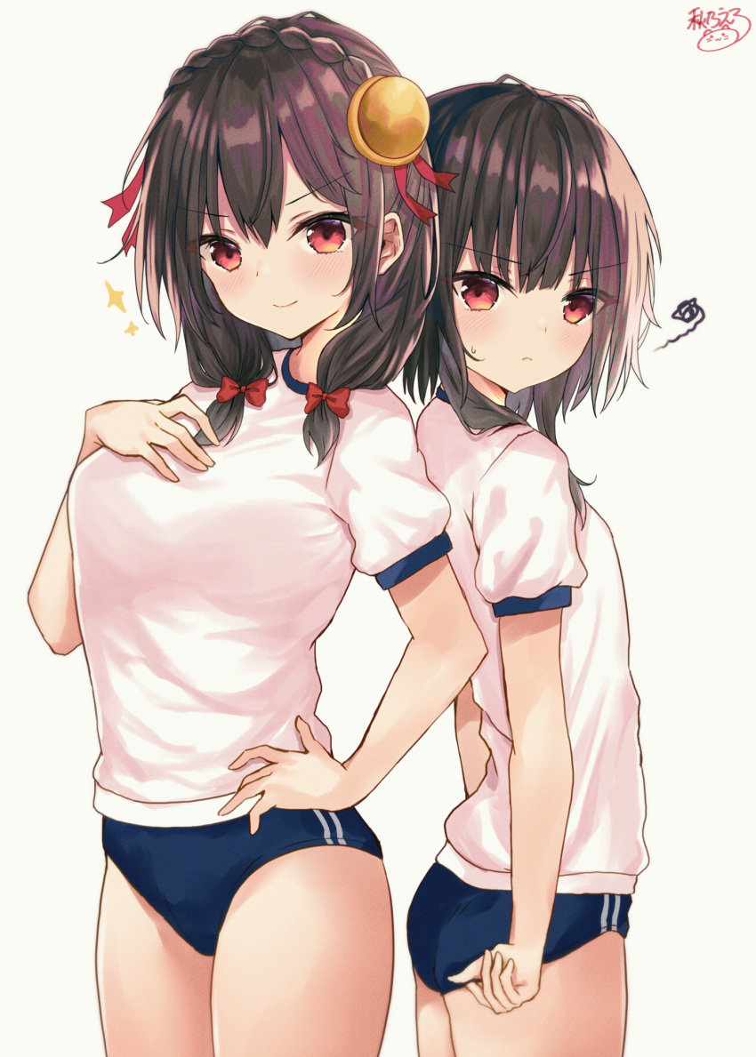 2girls, akino_ell, ass, black_hair, blue_buruma, bow, braid, breasts