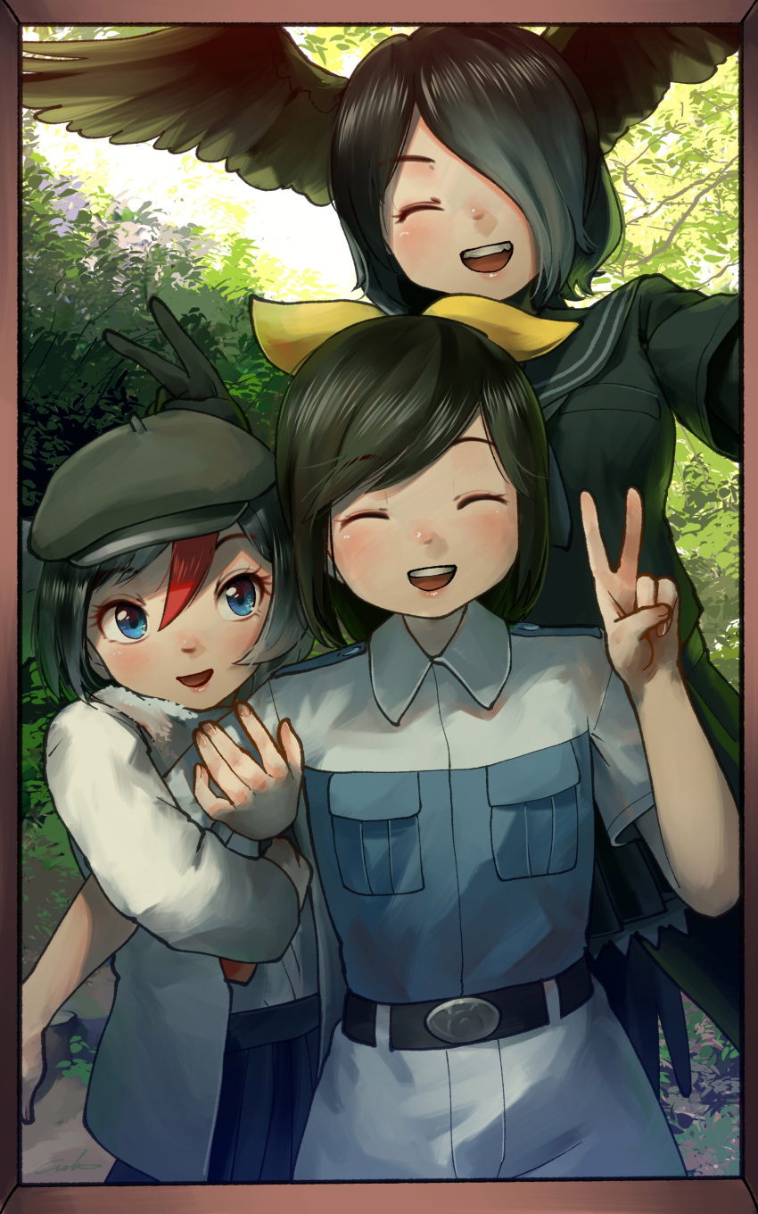 3girls, :d, ^_^, absurdres, arctic_tern_(kemono_friends), arm_hug, belt, black_gloves