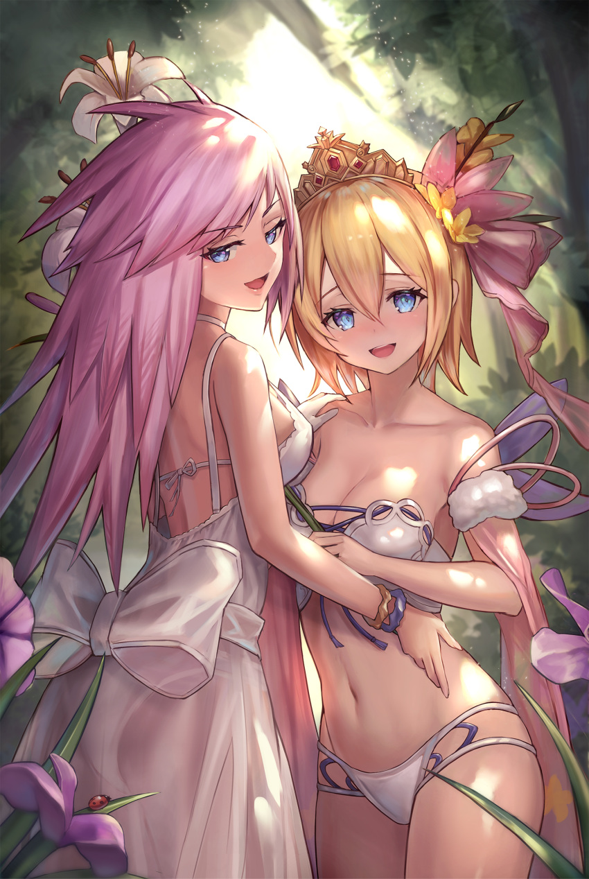 2girls, ass, blonde_hair, blue_eyes, bow, dress, europa_(granblue_fantasy), flower