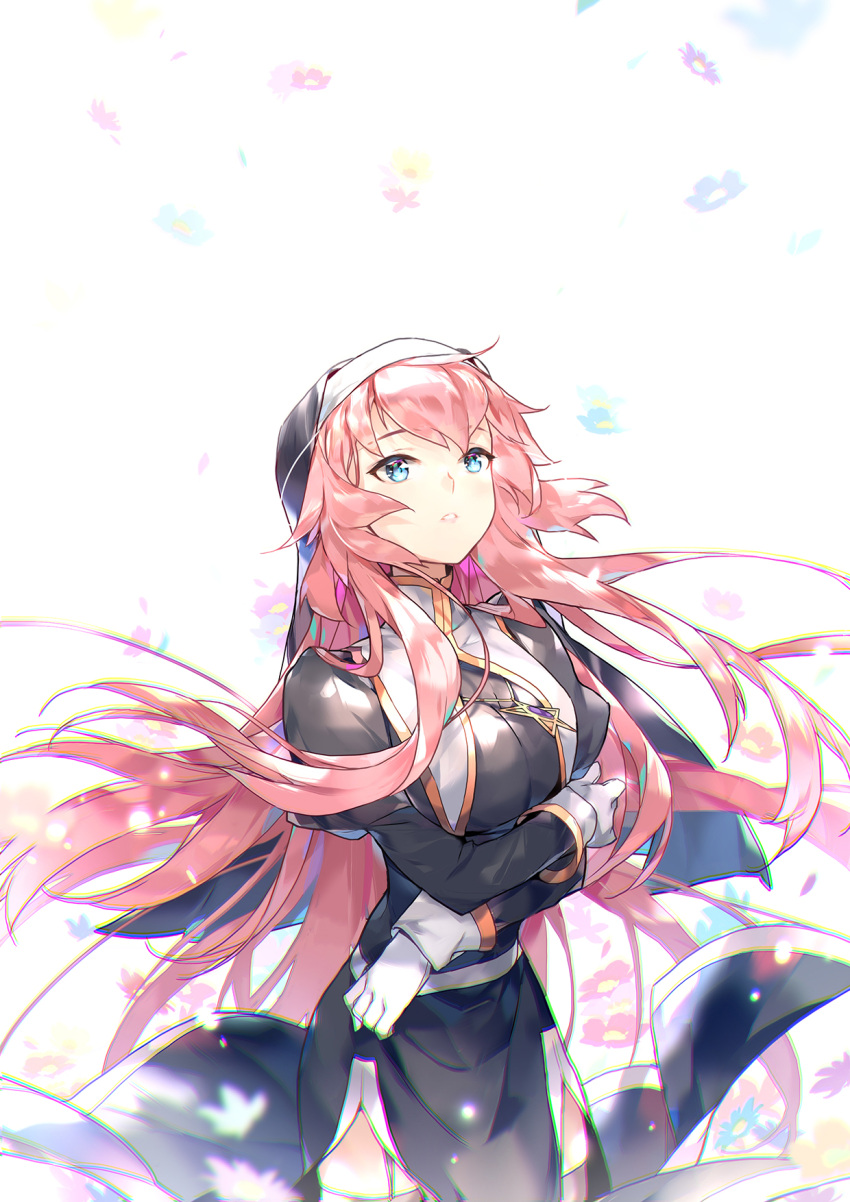 1girl, arms_under_breasts, blue_eyes, blue_flower, blurry, chromatic_aberration, cowboy_shot, crossed_arms, depth_of_field, expressionless, eyebrows_visible_through_hair, facing_viewer, floating_hair, flower, garter_straps, gloves, grey_legwear, habit, high_collar, highres, jewelry, juliet_sleeves, karpin, light_particles, long_hair, long_sleeves, looking_up, megurine_luka, necklace, orange_flower, palette_(vocaloid), parted_lips, pelvic_curtain, pink_flower, pink_hair, project_diva_(series), puffy_sleeves, purple_flower, red_flower, shiny, shiny_hair, silence_(module), simple_background, solo, tareme, teeth, thigh-highs, vocaloid, white_background, white_gloves, yellow_flower