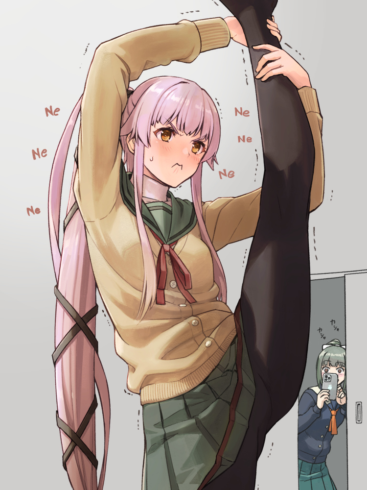2girls, aqua_skirt, bangs, black_cardigan, black_legwear, brown_cardigan, brown_eyes, buttons