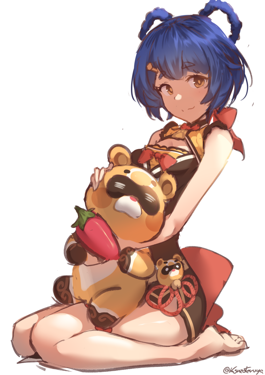1girl, =_=, artist_name, bare_arms, barefoot, blue_hair, bow, bowtie, braid, chili, china_dress, chinese_clothes, dress, eyebrows_visible_through_hair, feet, full_body, genshin_impact, guoba_(genshin_impact), hair_ornament, hairclip, highres, hug, k3nzoteruta, panda, seiza, short_eyebrows, short_hair, simple_background, sitting, sleeveless, sleeveless_dress, smile, toes, twin_braids, white_background, xiangling_(genshin_impact), yellow_eyes