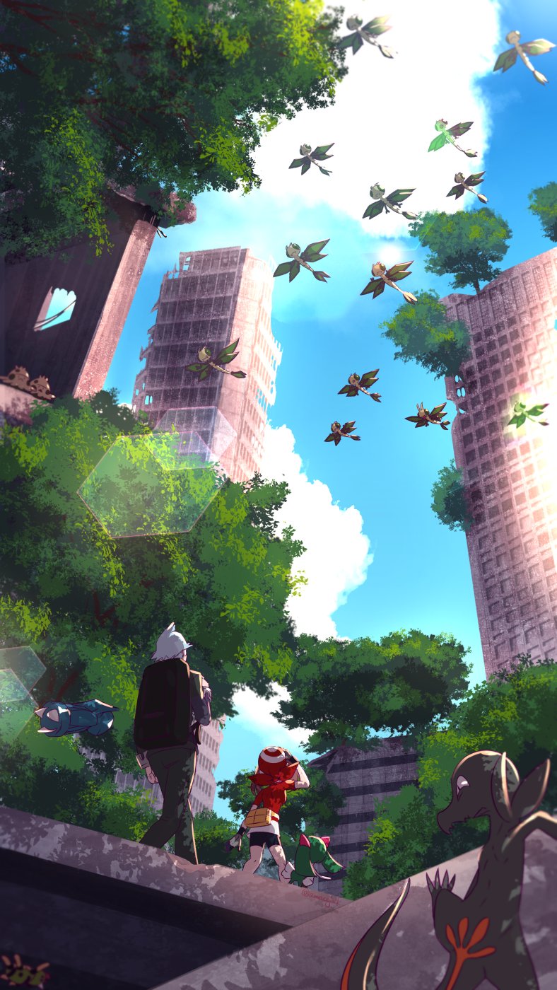 1boy, 1girl, amaco_(amacoworklove), beldum, bike_shorts, black_jacket, brown_hair, building