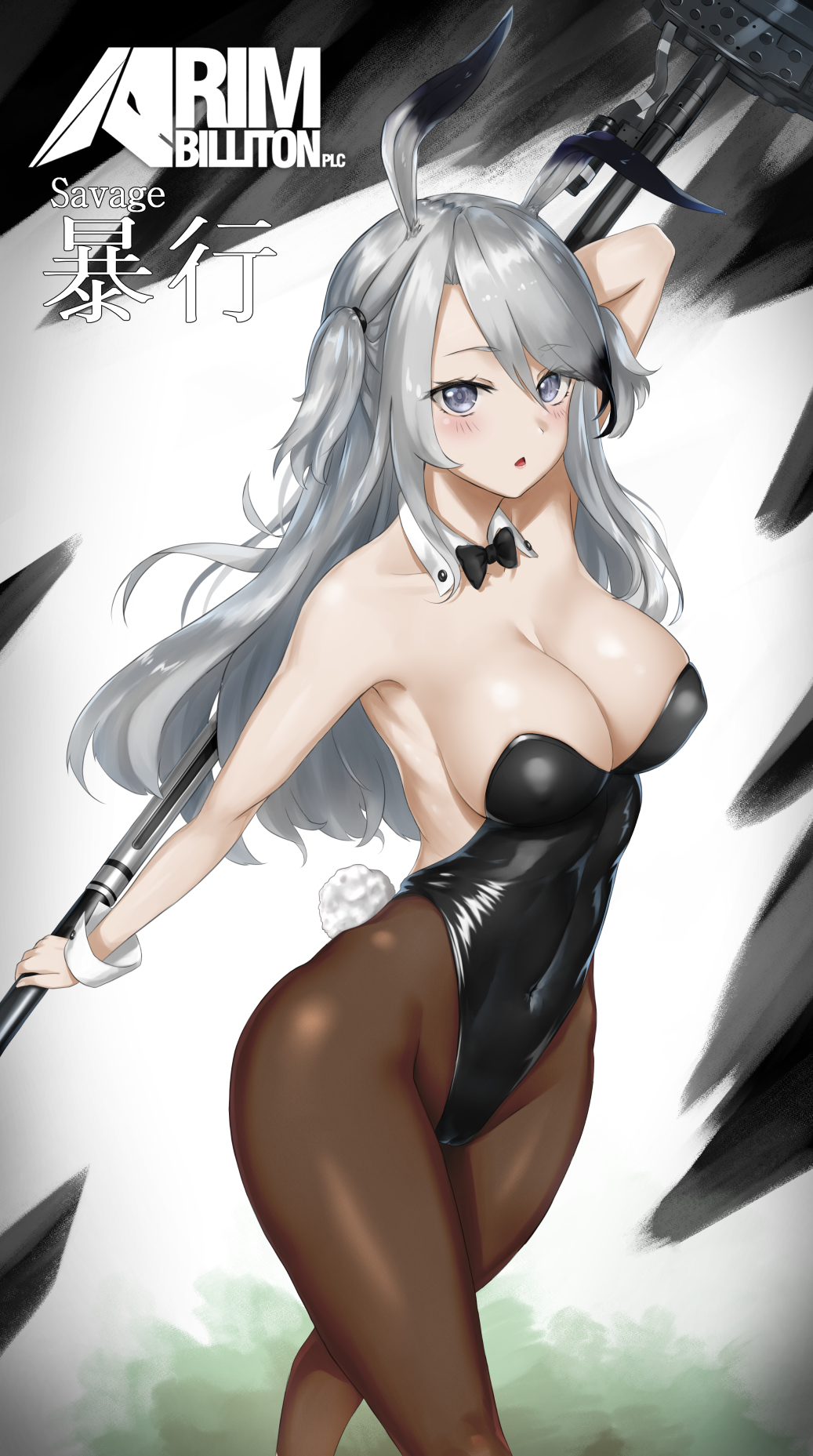1girl, animal_ears, arknights, arm_up, black_bow, black_leotard, black_neckwear, bow, bowtie, breasts, brown_legwear, bunny_tail, chaciooh, character_name, commentary, cowboy_shot, detached_collar, grey_background, grey_eyes, highres, holding, holding_weapon, large_breasts, leotard, long_hair, looking_at_viewer, pantyhose, parted_lips, playboy_bunny, polearm, rabbit_ears, rabbit_girl, revision, rim_billiton_logo, savage_(arknights), silver_hair, solo, strapless, strapless_leotard, tail, two_side_up, weapon, wrist_cuffs