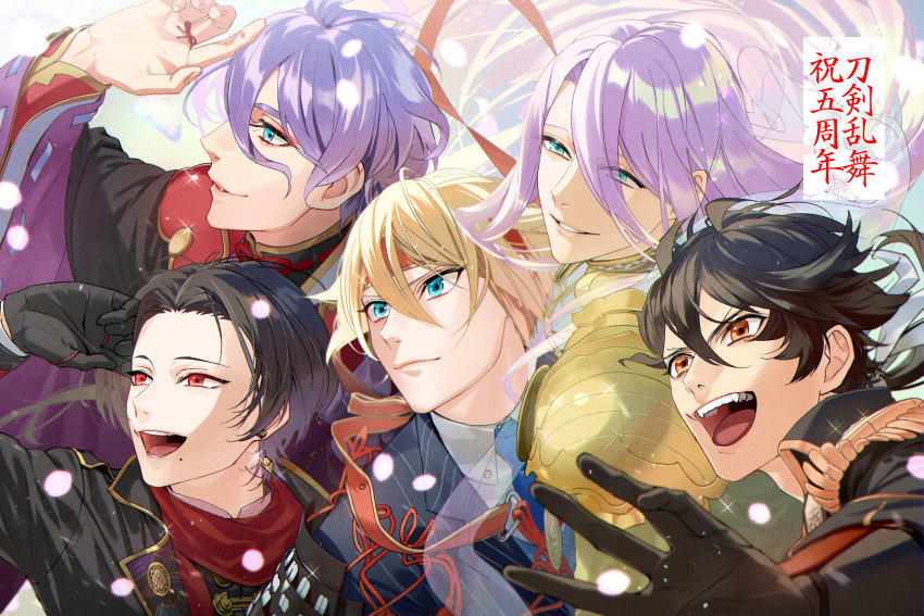 5boys, armor, black_gloves, blonde_hair, blue_eyes, brown_hair, collared_shirt, earrings, gloves, hachisuka_kotetsu, headband, highres, japanese_clothes, jewelry, kasen_kanesada, kashuu_kiyomitsu, kiwame_(touken_ranbu), male_focus, mole, mole_under_mouth, multiple_boys, mutsu-no-kami_yoshiyuki, necktie, open_mouth, petals, purple_hair, red_eyes, red_scarf, scarf, serota, shirt, smile, touken_ranbu, upper_body, yamanbagiri_kunihiro, yellow_eyes