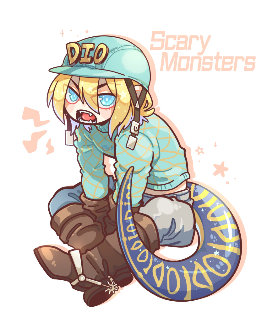 1boy, aqua_headwear, aqua_sweater, blonde_hair, blue_eyes, blush_stickers, boots, brown_gloves