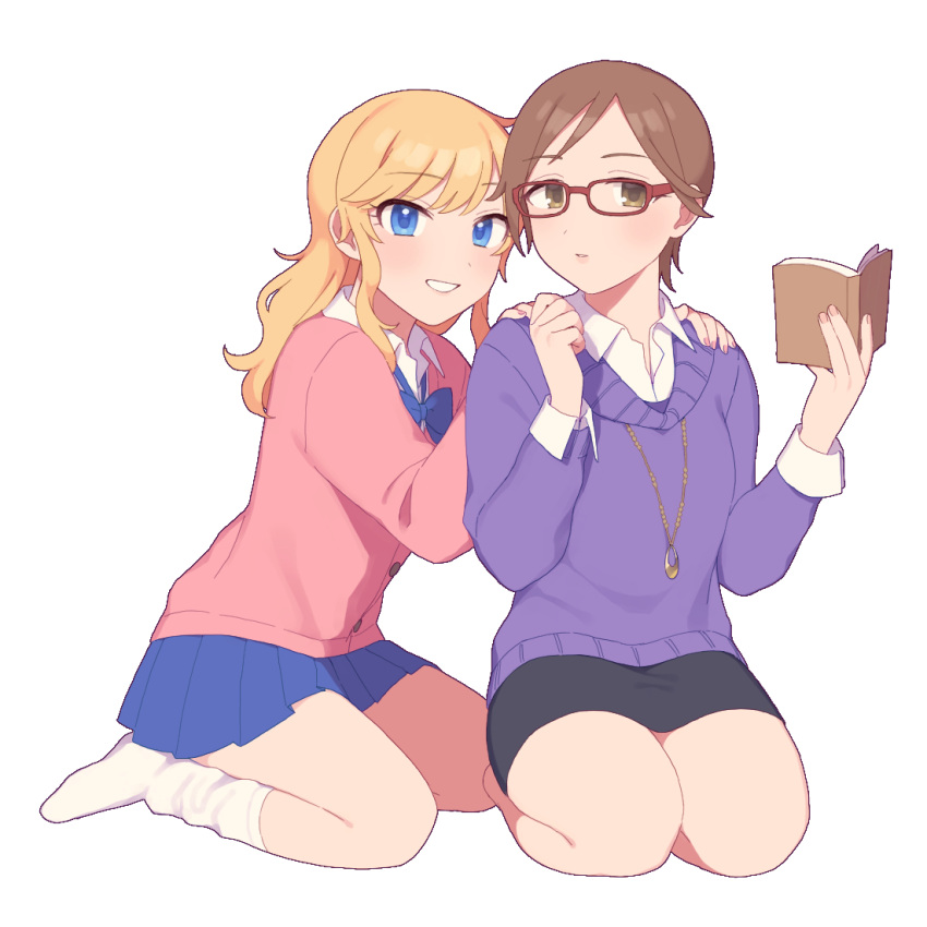 2girls, aikawa_chinatsu, bangs, blonde_hair, blue_eyes, blue_skirt, blush, book, brown_eyes, brown_hair, cardigan, chiyoko_(tykchiyo), collared_shirt, commentary_request, full_body, glasses, grin, hands_on_shoulders, holding, holding_book, hood, idolmaster, idolmaster_cinderella_girls, jewelry, long_hair, long_sleeves, looking_at_viewer, miniskirt, multiple_girls, necklace, ootsuki_yui, open_book, pleated_skirt, red-framed_eyewear, school_uniform, seiza, shirt, short_hair, simple_background, sitting, skirt, smile, socks, sweater, swept_bangs, wariza, white_background, white_legwear, white_shirt, wing_collar