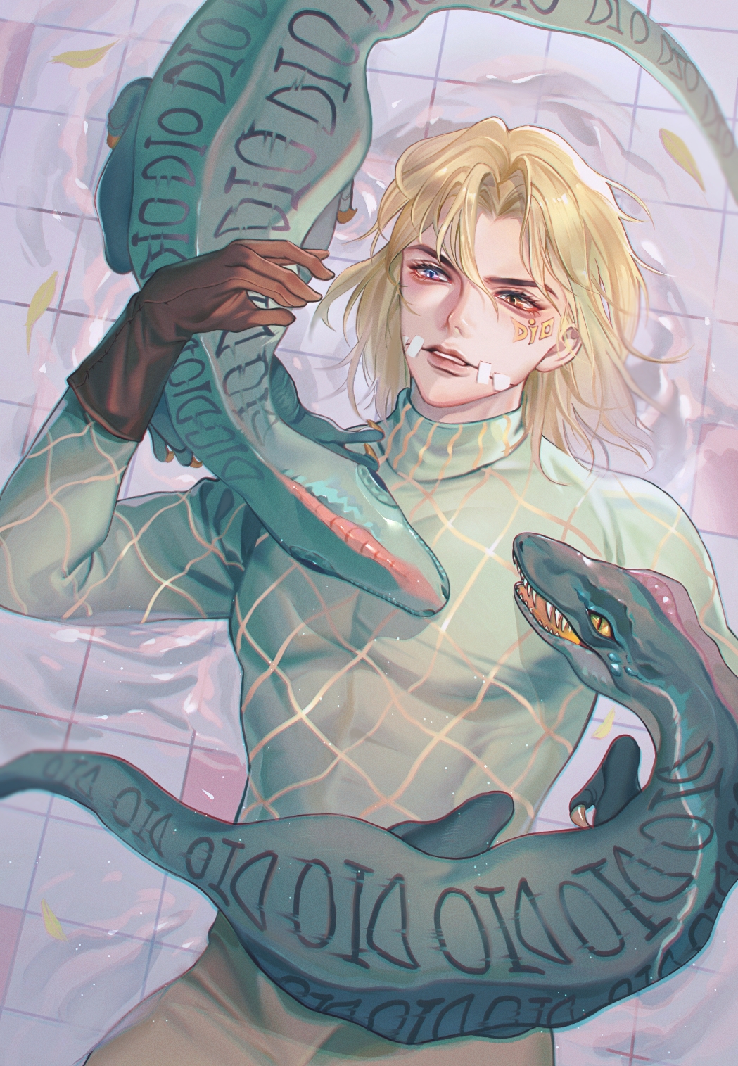 1boy, abs, bandage_on_face, bandages, blonde_hair, blue_eyes, brown_gloves, chinese_commentary