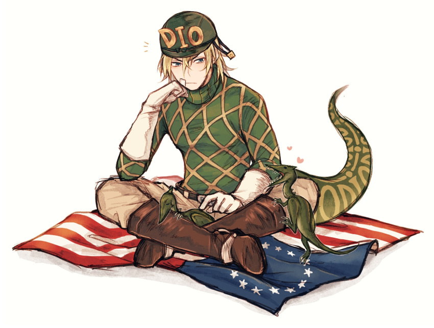 /\/\/\, 1boy, american_flag, bandage_on_face, bandages, belt, blonde_hair, boots