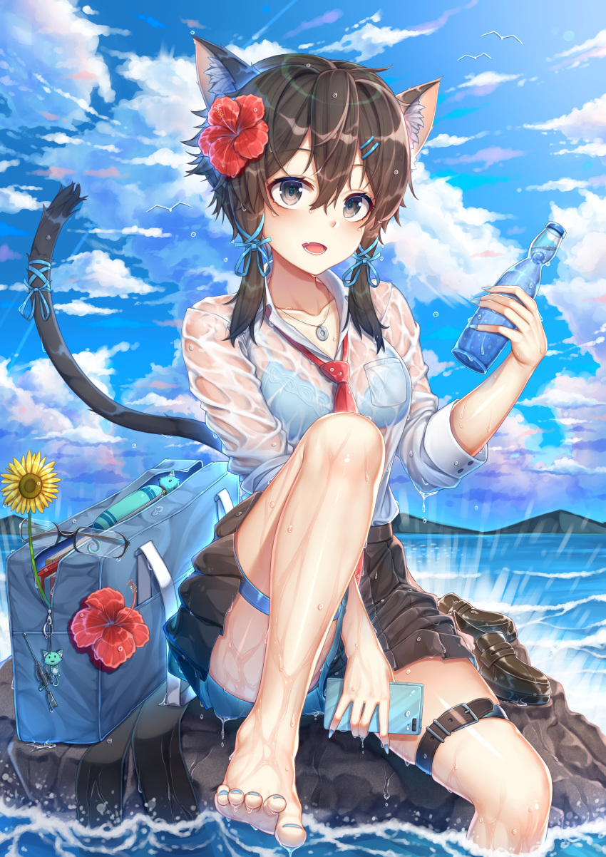 1girl, absurdres, animal, animal_ear_fluff, animal_ears, bag, bangs, barefoot