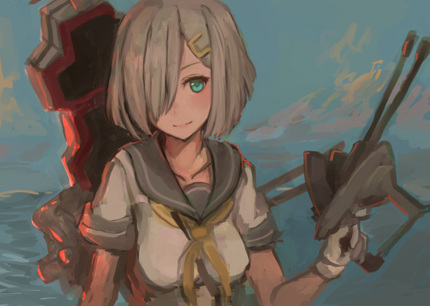 1girl, aqua_eyes, closed_mouth, collarbone, gloves, grey_sailor_collar, hair_ornament, hair_over_one_eye