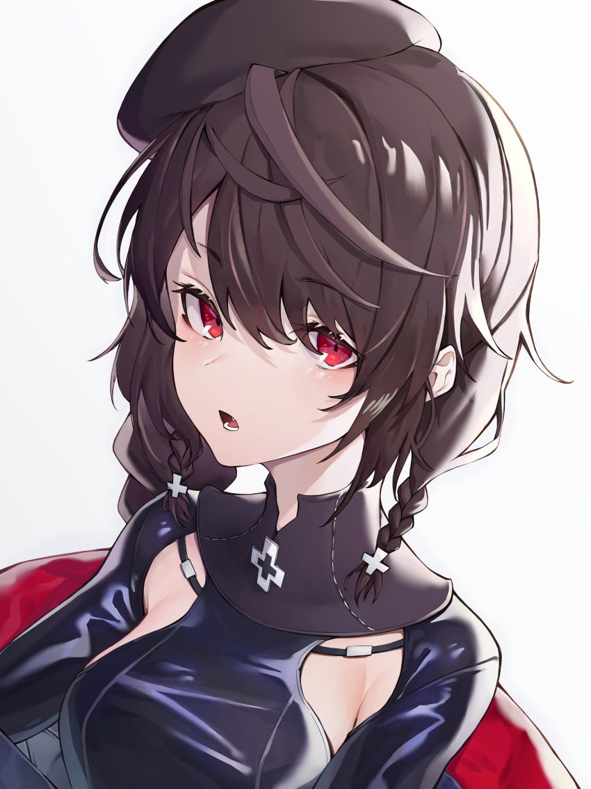 1girl, absurdres, azur_lane, bangs, beret, black_dress, black_headwear, black_jacket, braid, breasts, brown_hair, commentary, cross_hair_ornament, dress, eyebrows_visible_through_hair, hair_between_eyes, hair_ornament, hat, highres, huge_filesize, iron_cross, jacket, kabi_(zcwd8845), looking_at_viewer, lower_teeth, medium_breasts, off-shoulder_jacket, official_alternate_costume, open_mouth, red_eyes, ribbon, short_braid, short_hair, sideboob, sidelocks, simple_background, solo, twin_braids, upper_body, white_background, z2_georg_thiele_(azur_lane), z2_georg_thiele_(unique_everyday_scenery)_(azur_lane)
