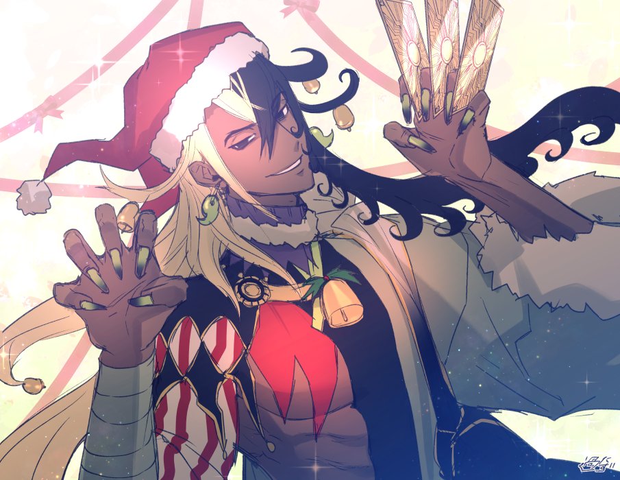 1boy, abs, alternate_costume, alternate_skin_color, androgynous, ashiya_douman_(fate), asymmetrical_clothes, asymmetrical_hair, ayamatazu, bell, bell_collar, black_eyes, black_hair, collar, dark_skin, dark_skinned_male, earrings, eyelashes, fate/grand_order, fate_(series), fingernails, hat, jewelry, long_hair, looking_at_viewer, magatama, magatama_earrings, male_focus, multicolored_hair, pectorals, ribbed_sleeves, santa_costume, santa_hat, sharp_fingernails, sparkle, striped, summon_ticket, two-tone_hair, upper_body, very_long_hair, white_hair