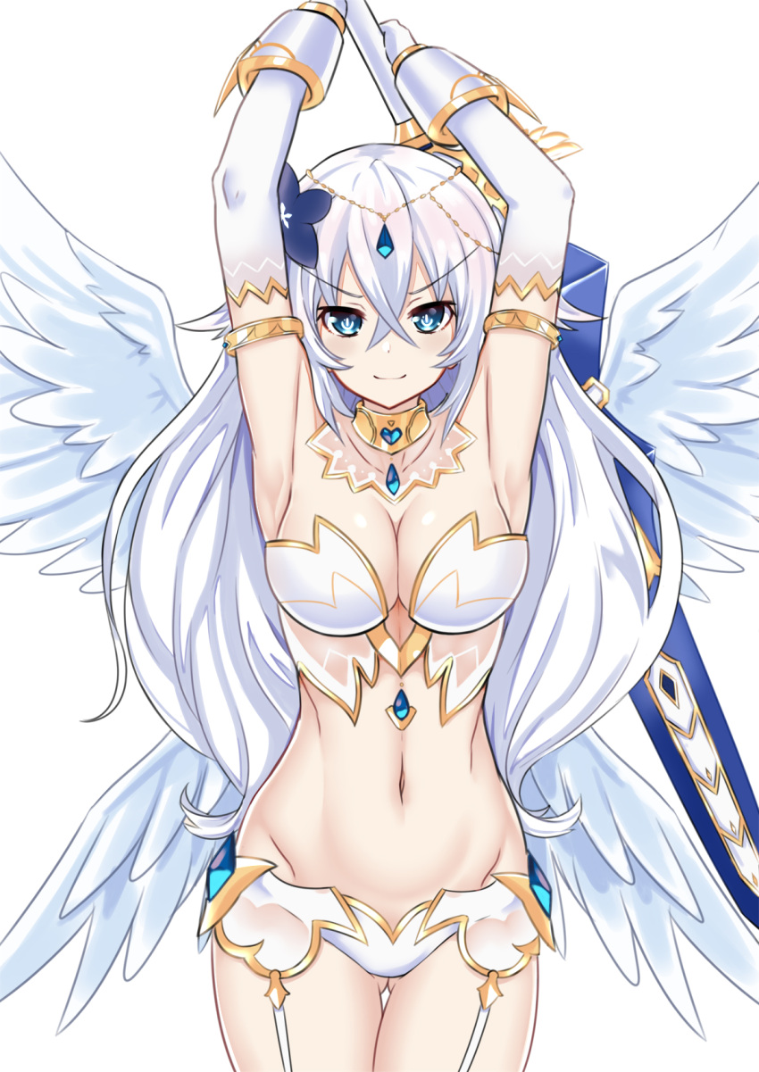 1girl, angel, angel_wings, armpits, arms_up, black_heart, blue_eyes, blush