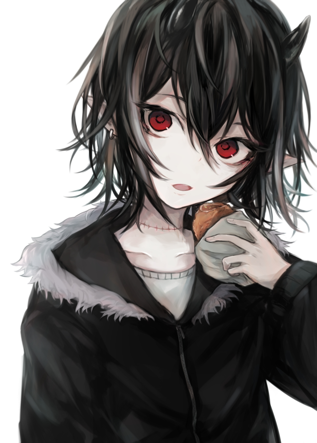 1girl, bangs, black_hair, black_jacket, collarbone, commentary_request, curry_bread, ear_piercing, eyebrows_behind_hair, food, fur-trimmed_jacket, fur_trim, hair_between_eyes, hand_up, hasunokaeru, highres, holding, holding_food, horns, jacket, long_sleeves, looking_at_viewer, open_mouth, original, piercing, pointy_ears, red_eyes, shirt, simple_background, solo, stitches, upper_body, white_background, white_shirt