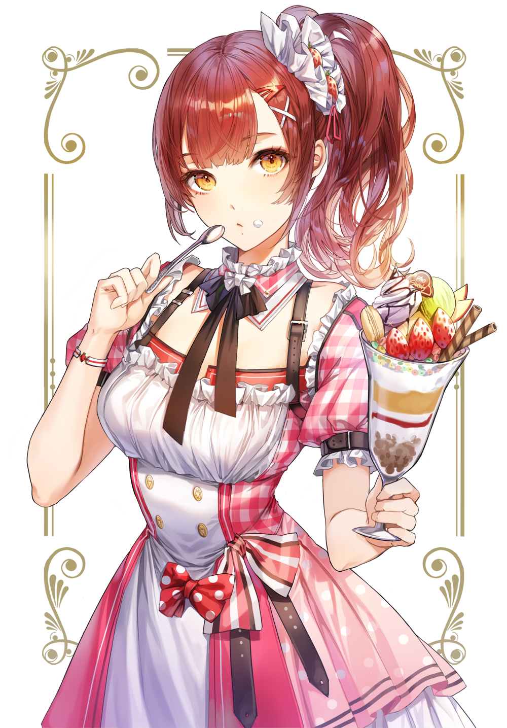 1girl, bangs, belt, black_neckwear, blush, bow, breasts, commentary_request