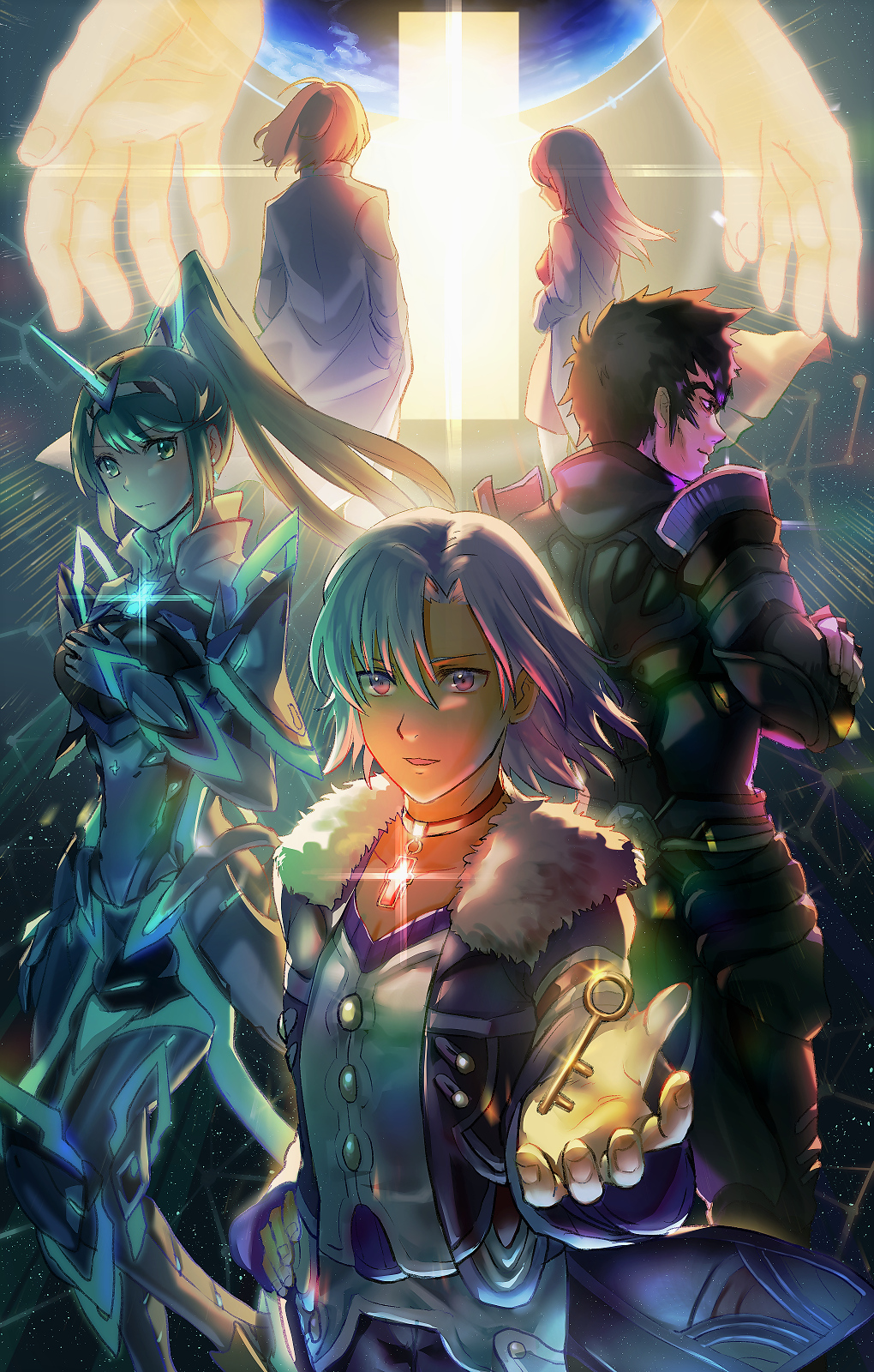 2girls, 3boys, alvis_(xenoblade), breasts, fuwamoko_momen_toufu, galea_(xenoblade), green_eyes, green_hair, highres, jewelry, key, klaus_(xenoblade), large_breasts, long_hair, lying, malos_(xenoblade), necklace, on_back, pneuma_(xenoblade), short_hair, siblings, xenoblade_chronicles, xenoblade_chronicles_(series), xenoblade_chronicles_2