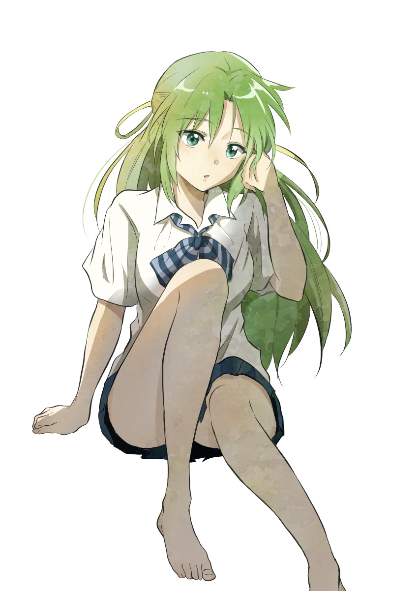 1girl, absurdres, barefoot, blue_neckwear, blue_skirt, bow, bowtie, feet, green_eyes, green_hair, hair_ribbon, highres, higurashi_no_naku_koro_ni, legs, long_hair, miniskirt, parted_lips, ribbon, school_uniform, shirt, short_sleeves, shosudo, simple_background, sitting, skirt, solo, sonozaki_shion, striped, striped_neckwear, toes, white_background, white_shirt