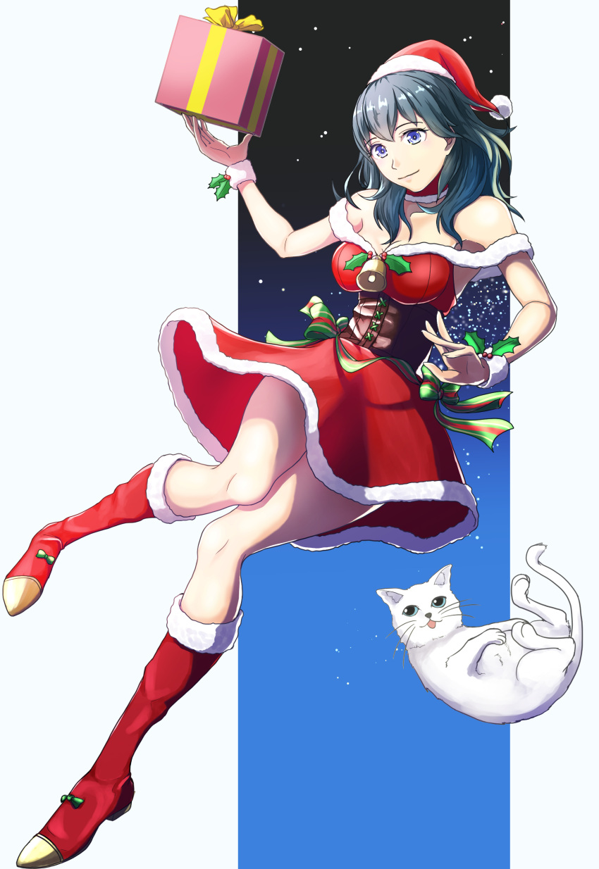 1girl, 1other, animal, bell, blue_eyes, blue_hair, boots, breasts, byleth_(fire_emblem), byleth_eisner_(female), cat, christmas, cute, dress, female_my_unit_(fire_emblem:_three_houses), fire_emblem, fire_emblem:_fuukasetsugestu, fire_emblem:_three_houses, fire_emblem_16, fire_emblem_heroes, gzo1206, holding_object, human, intelligent_systems, mammal, middle_hair, my_unit_(fire_emblem:_three_houses), night, nintendo, parted_lips, present, red_boots, red_dress, ribbon, santa_hat, snow, solo, sukkirito_(rangusan)