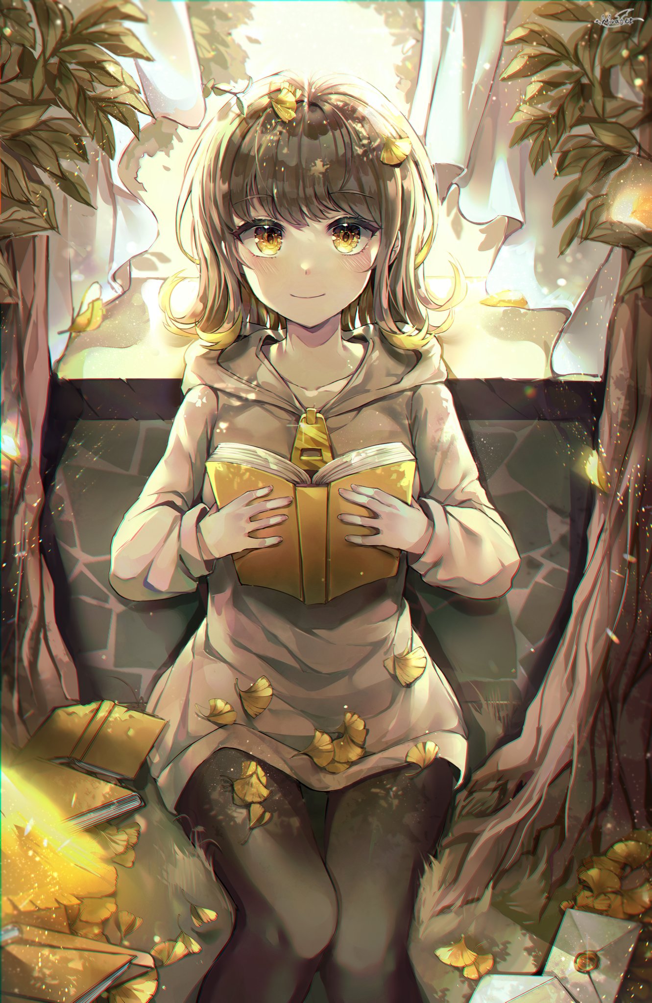 1girl, black_legwear, blush, book, brown_hair, character_request, closed_mouth, collarbone