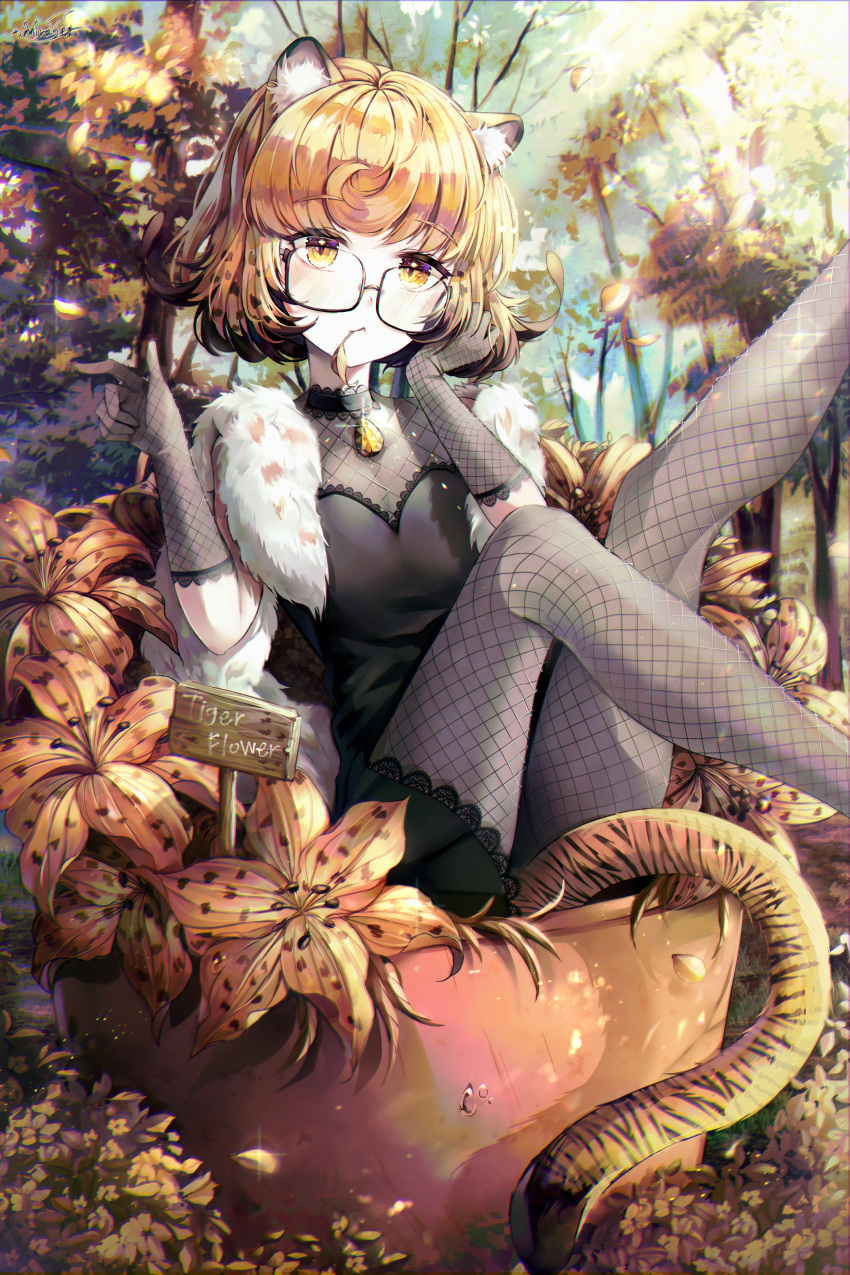 1girl, absurdres, animal_ears, black-framed_eyewear, black_dress, black_gloves, black_hair, blush
