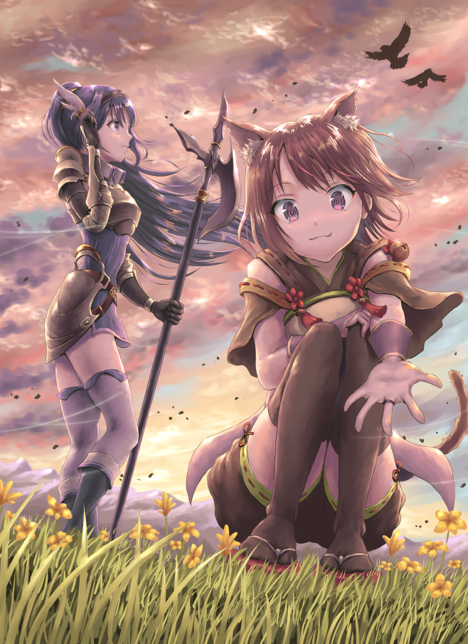 2girls, :3, \||/, animal_ear_fluff, animal_ears, armor, armored_dress, bangs, bell, bird, black_footwear, brown_hair, brown_legwear, brown_shorts, clouds, cloudy_sky, commentary, detached_sleeves, dress, eyebrows_visible_through_hair, flower, full_body, gauntlets, grass, halberd, hand_on_own_knee, headband, hirokazu_(analysis-depth), holding, holding_spear, holding_weapon, jewelry, kneeling, long_hair, looking_at_viewer, mifuyu_(princess_connect!), mountainous_horizon, multiple_girls, outdoors, outstretched_hand, polearm, ponytail, princess_connect!, princess_connect!_re:dive, purple_dress, purple_hair, purple_legwear, reaching_out, red_eyes, red_footwear, red_ribbon, ribbon, ring, sandals, short_hair, short_shorts, short_sleeves, shorts, sky, smile, spear, standing, tail, tamaki_(princess_connect!), thigh-highs, violet_eyes, weapon, wide_sleeves, wind