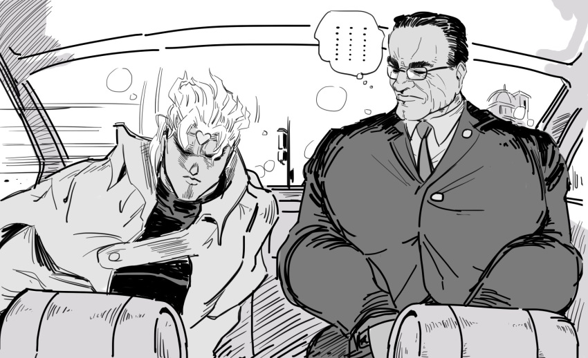 ..., 2boys, bamman, black_eyes, black_hair, blonde_hair, business_suit, car_interior